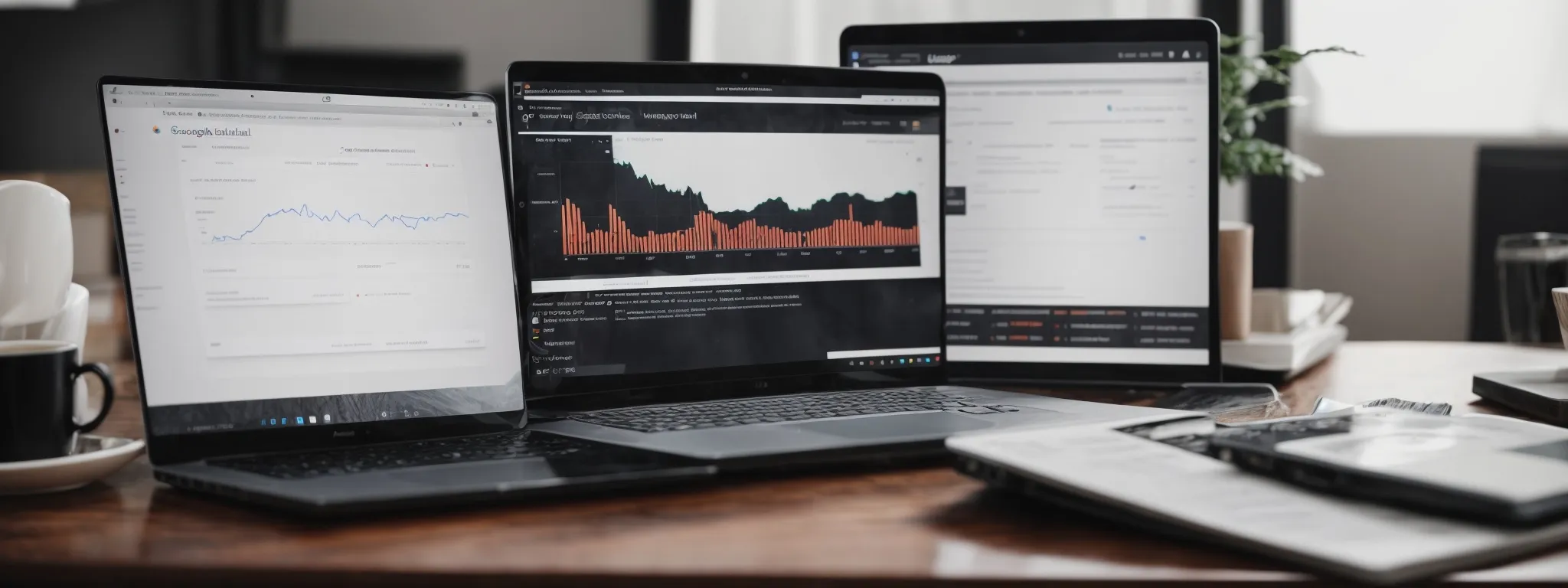 a laptop with analytics charts displaying website traffic trends next to a google search page.