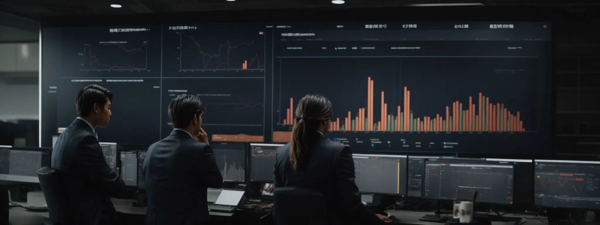 a team of professionals monitors a large screen displaying customer satisfaction ratings and online review analytics for various business locations.