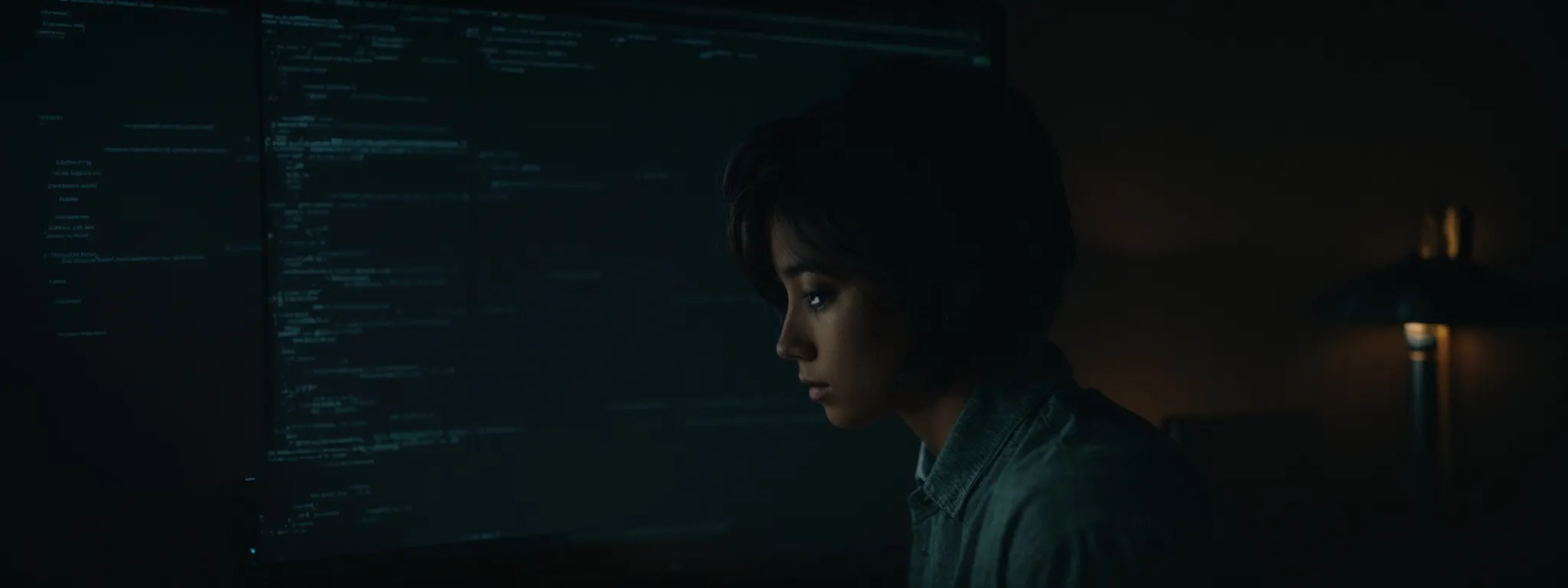 A person with short hair sits in a dimly lit room, looking at a large computer screen displaying lines of code.