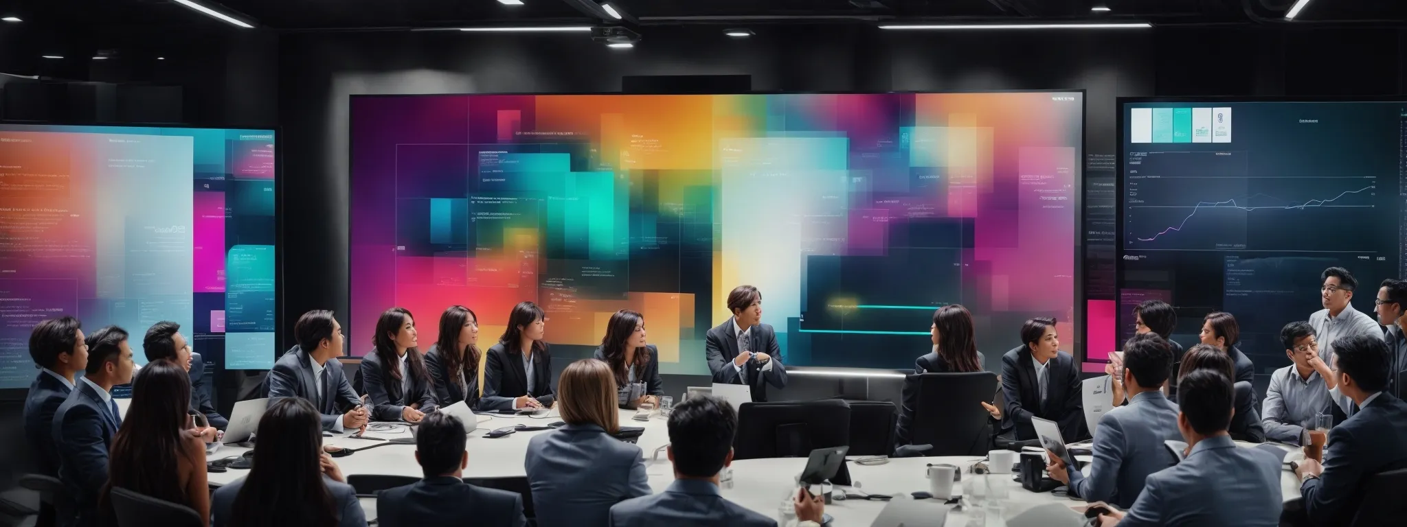 a think tank session with professionals surrounding a digital screen displaying colorful marketing statistics and creative ideas.