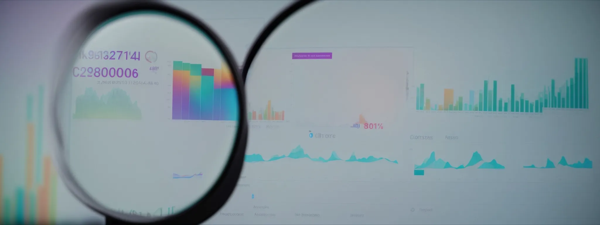 a computer screen displaying colorful analytics charts with a magnifying glass highlighting the word 