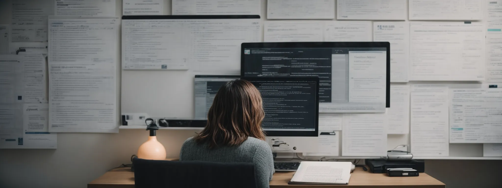 a person intently typing on a laptop surrounded by marketing strategy books and a whiteboard filled with seo keywords and website analytics.