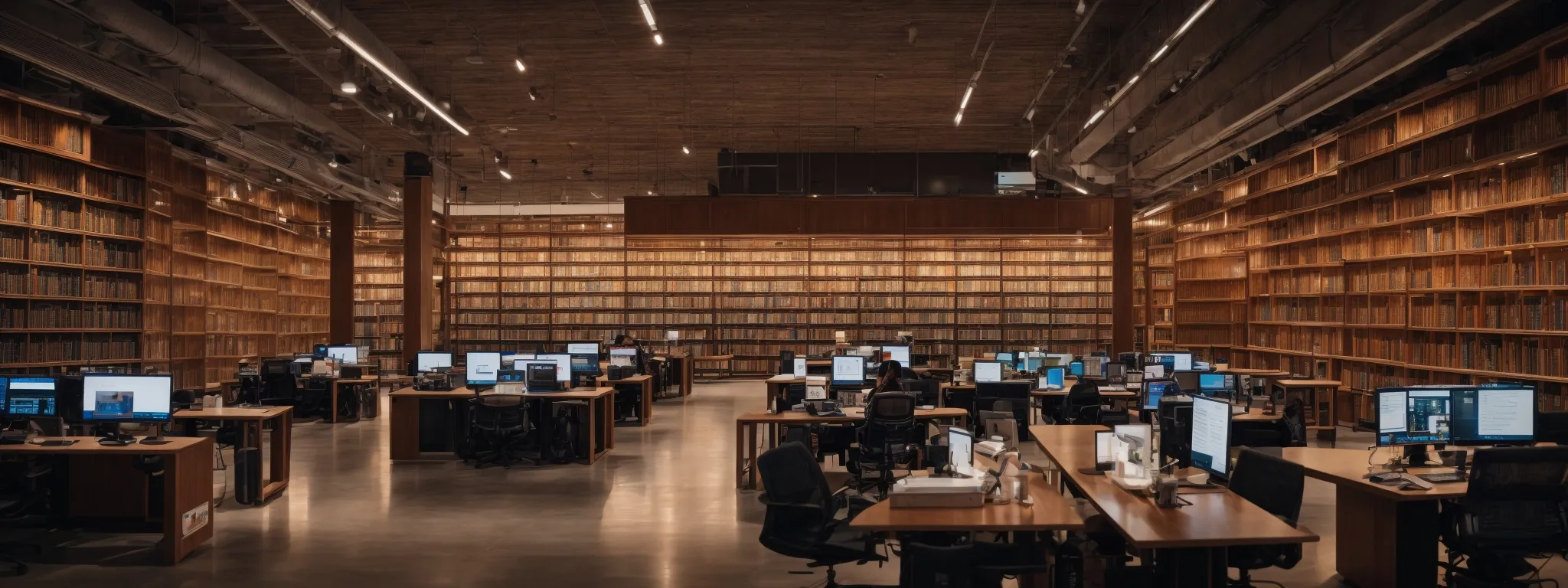 an expansive library with computer screens displaying graphs and analytics reflecting the merger of digital marketing education and online learning.