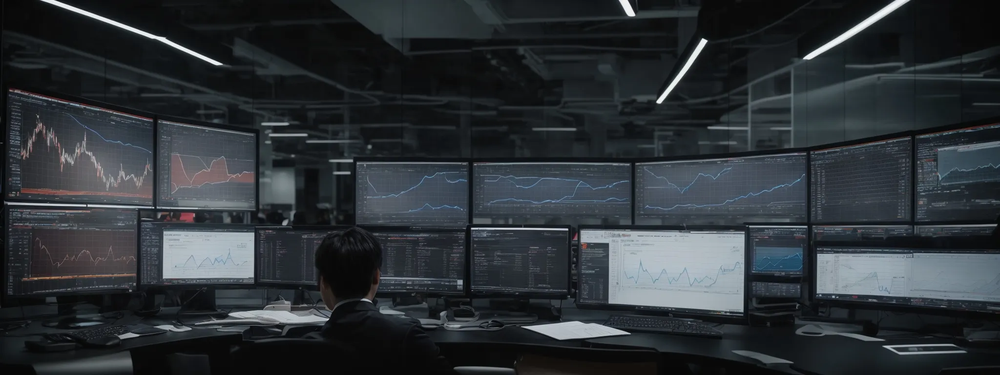 a person sitting at a modern workspace, interacting with a large screen displaying charts and document templates, illustrating a streamlined digital marketing environment.