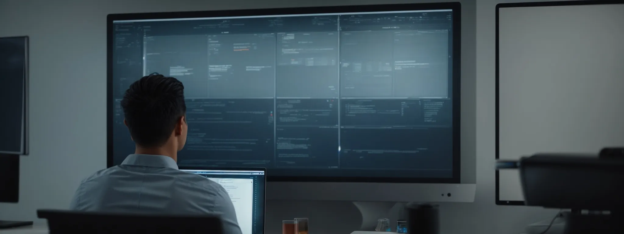 a focused individual sits behind a modern computer screen, brainstorming strategies on a digital whiteboard, symbols of secure data and user profiles subtly visible.