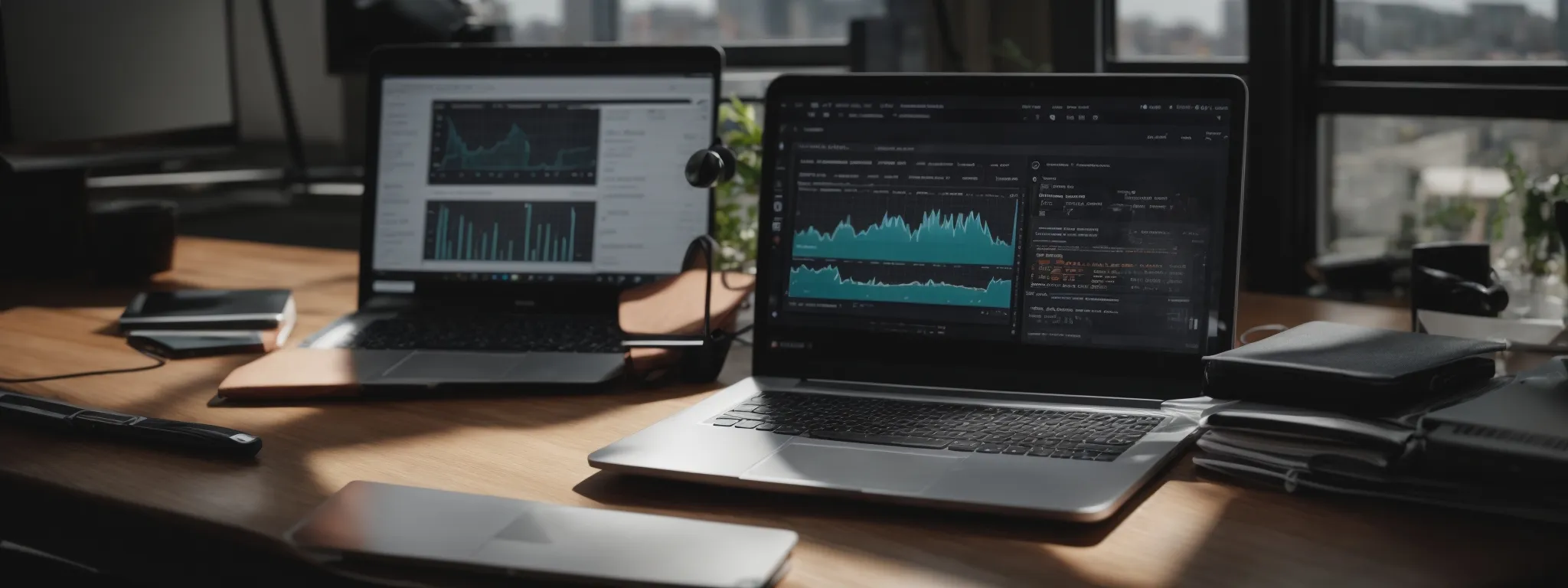 a laptop with open analytics software beside a notebook with seo checkmarks on a modern desk.