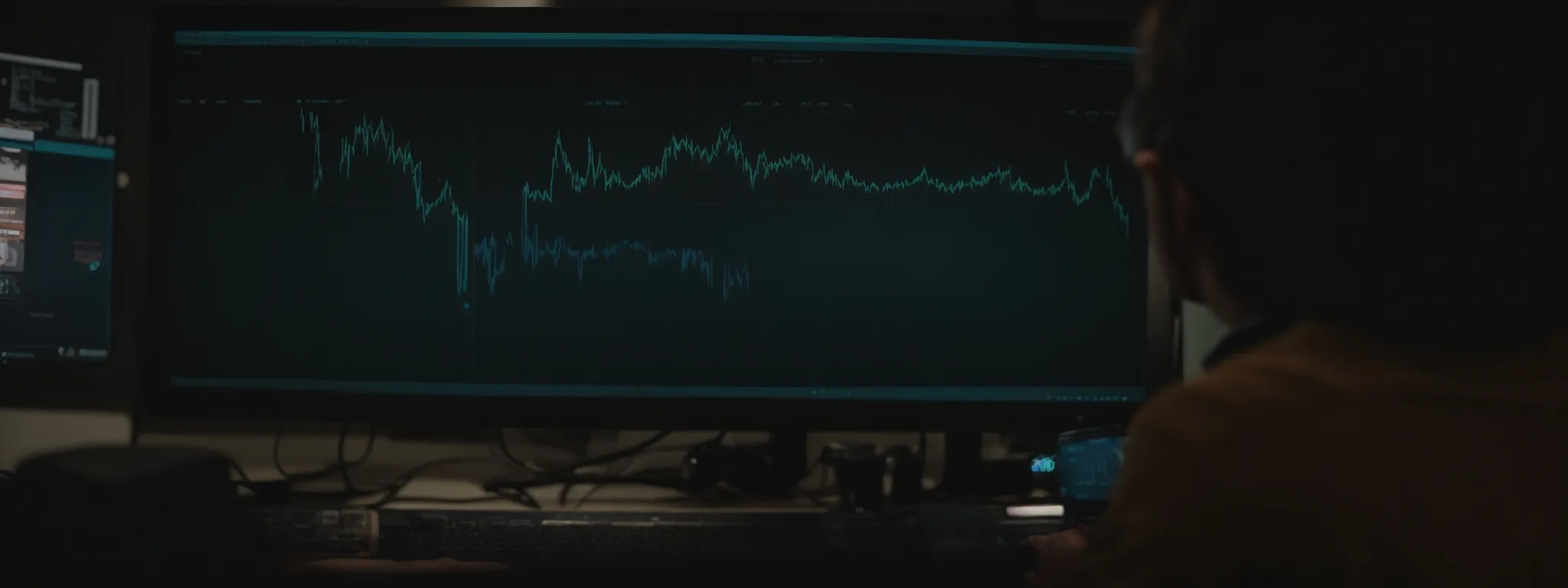 chris boggs sits in front of a computer analyzing a graph of website user metrics.