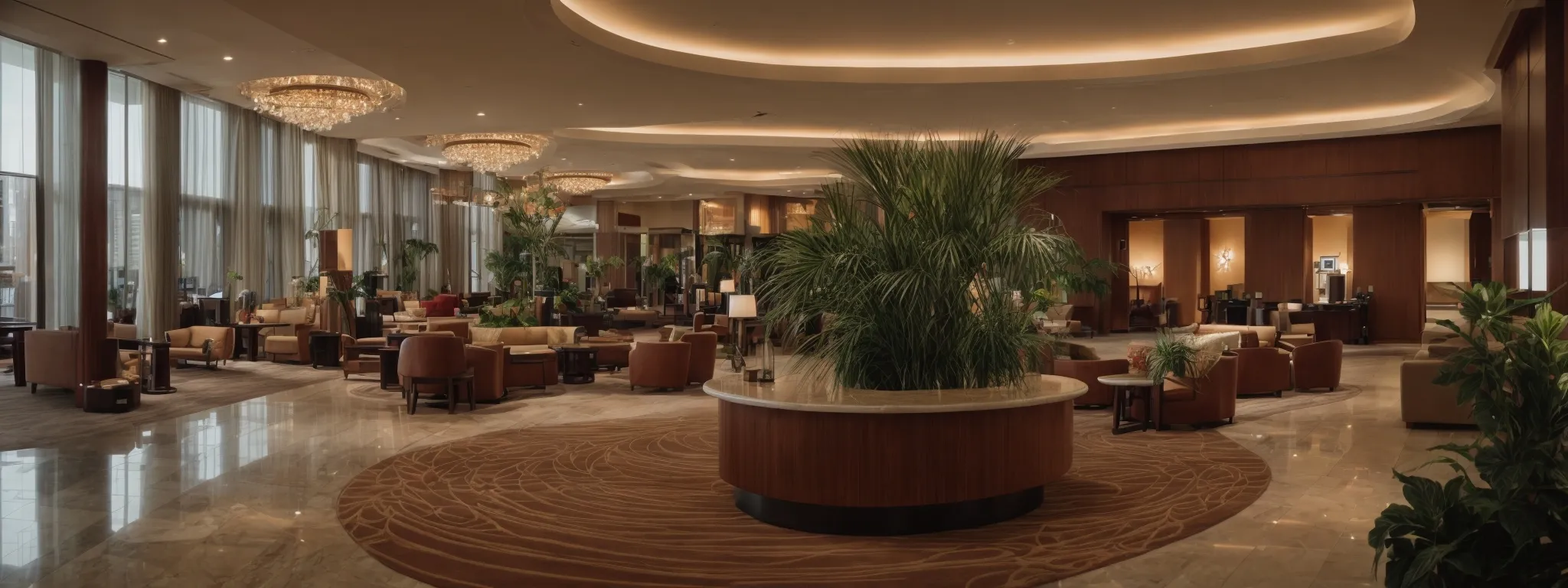 a panoramic view of a bustling hotel lobby, symbolizing a prime seo target for travelers seeking accommodation.