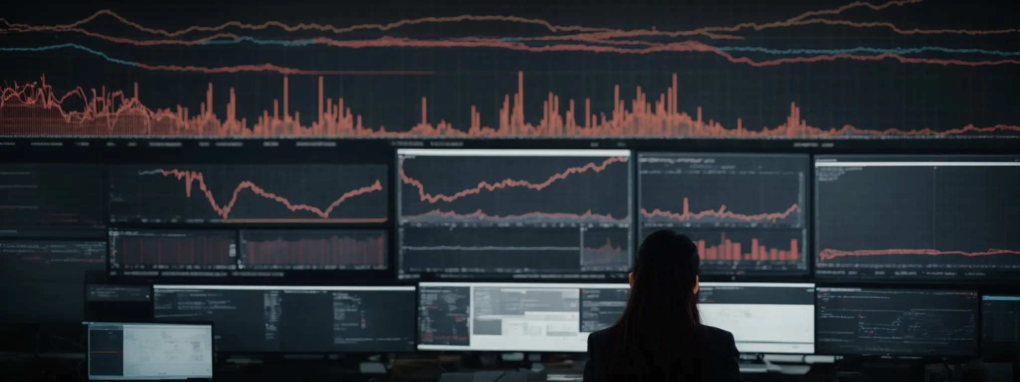 a person sits in front of a large computer monitor, immersed in analyzing complex data visualizations of search terms and traffic statistics.