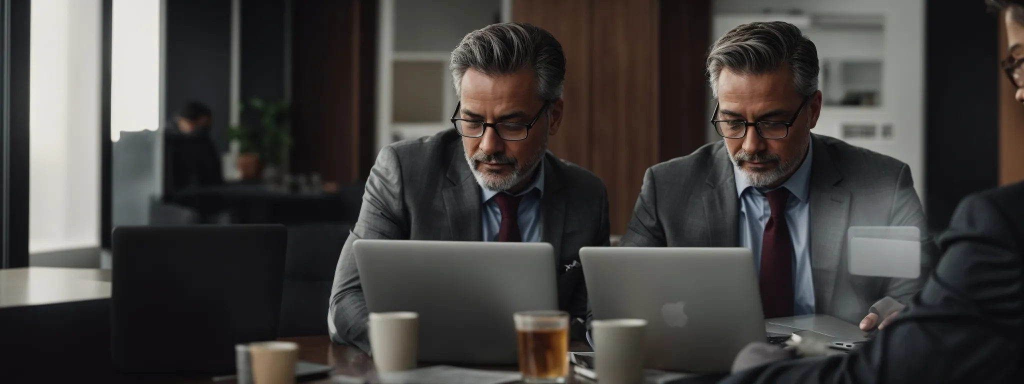 two businesspeople analyze a graph showing growth trends after seo implementation on their laptop, reflecting strategic investment decisions.