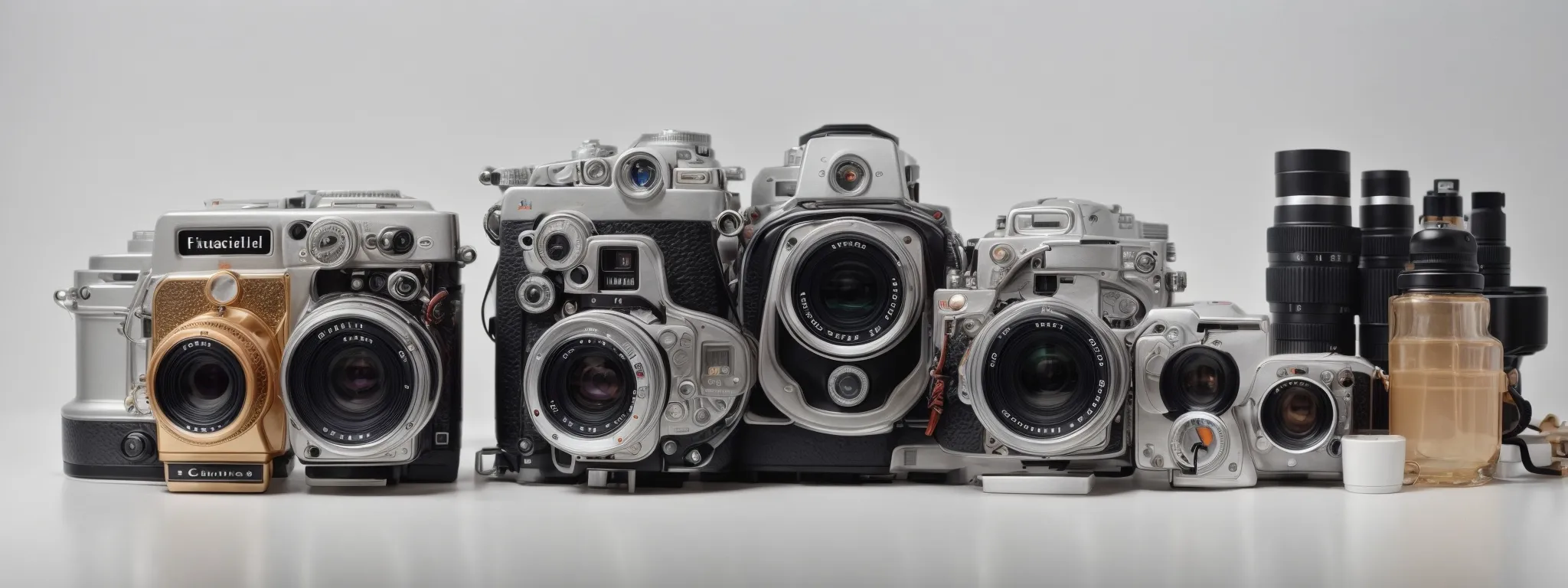 a professional camera focuses intently on an elegantly displayed product against a clean, white background.