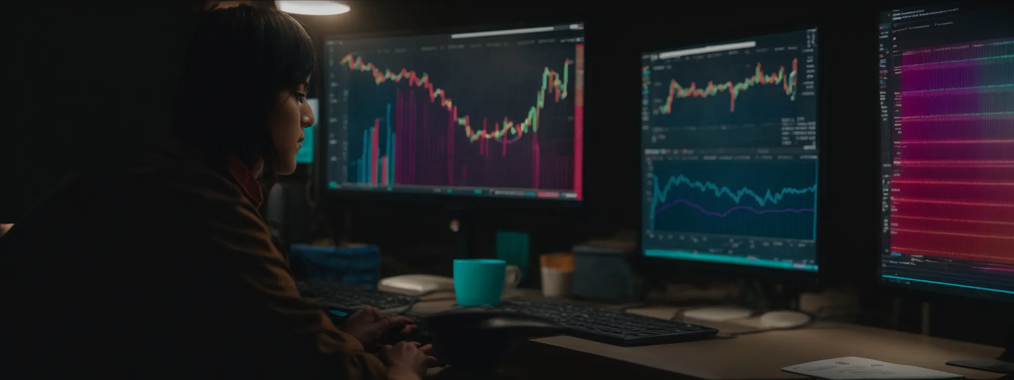 a person sitting in front of a computer screen displaying colorful analytics graphs and keyword rankings.