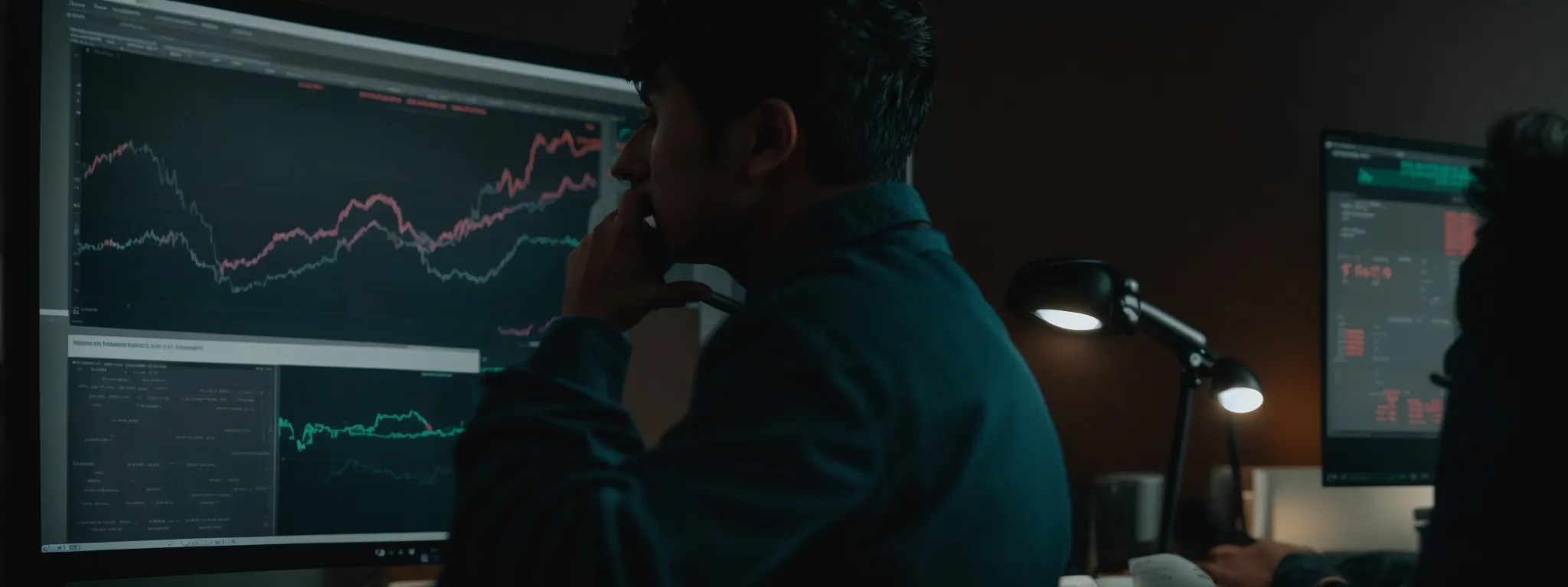a focused marketer analyzing data on a computer screen displaying seo analytics and audience demographics.