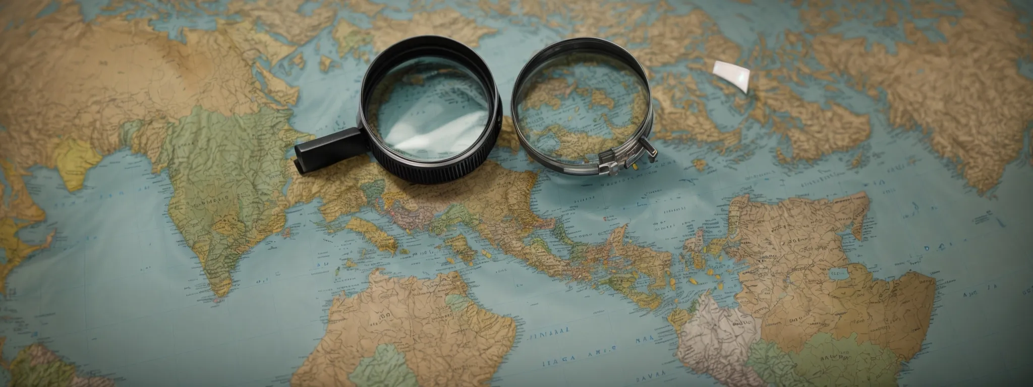 a globe focused on multiple regions, with magnifying glasses hovering over various countries, symbolizing the analysis of localized search preferences.