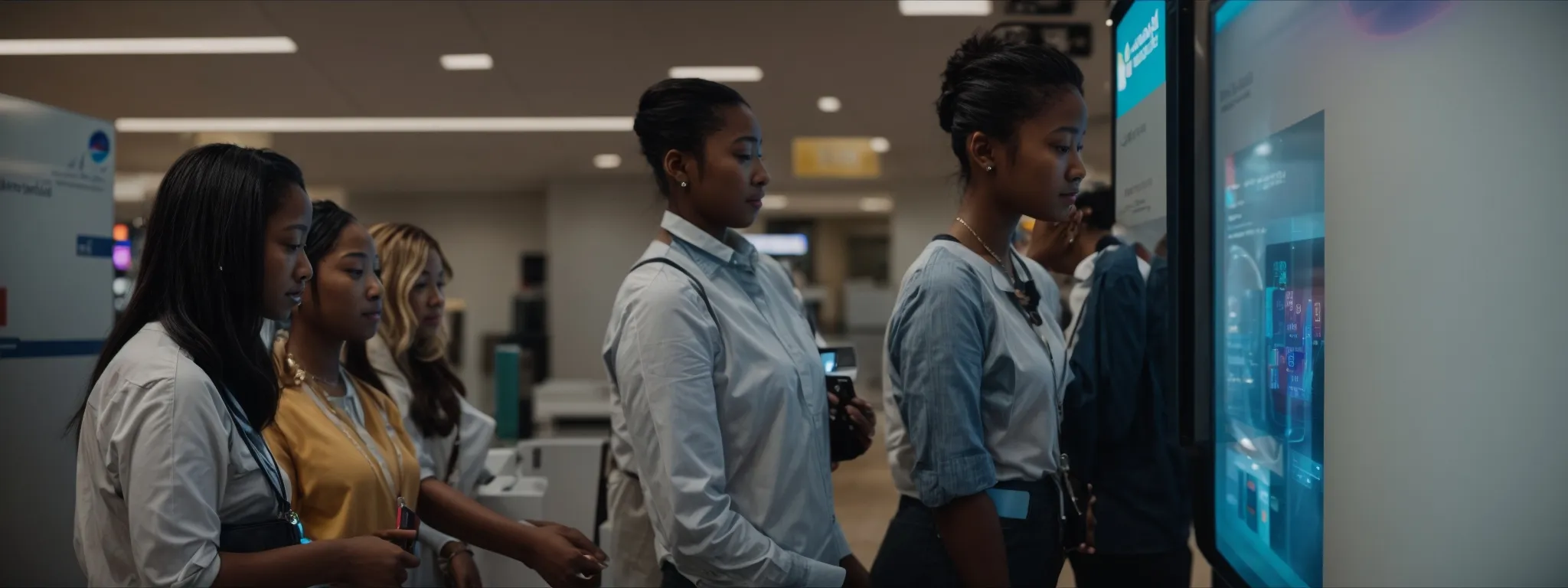 a diverse group of people engaging with an interactive touchscreen information kiosk at a public service center.
