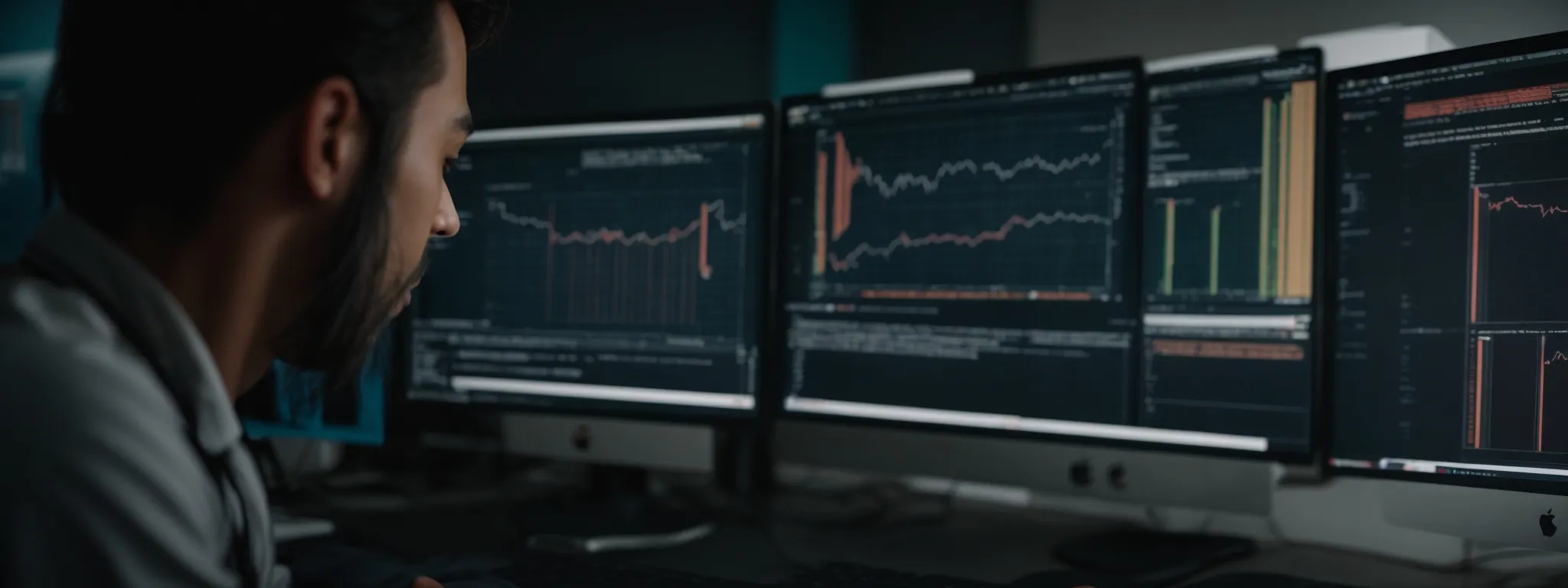 a web developer observes analytics on a computer screen while optimizing a website's code for seo efficiency.