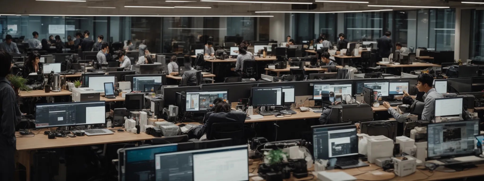 a large, bustling open-plan office filled with diverse professionals engaged in collaborative work on their laptops.