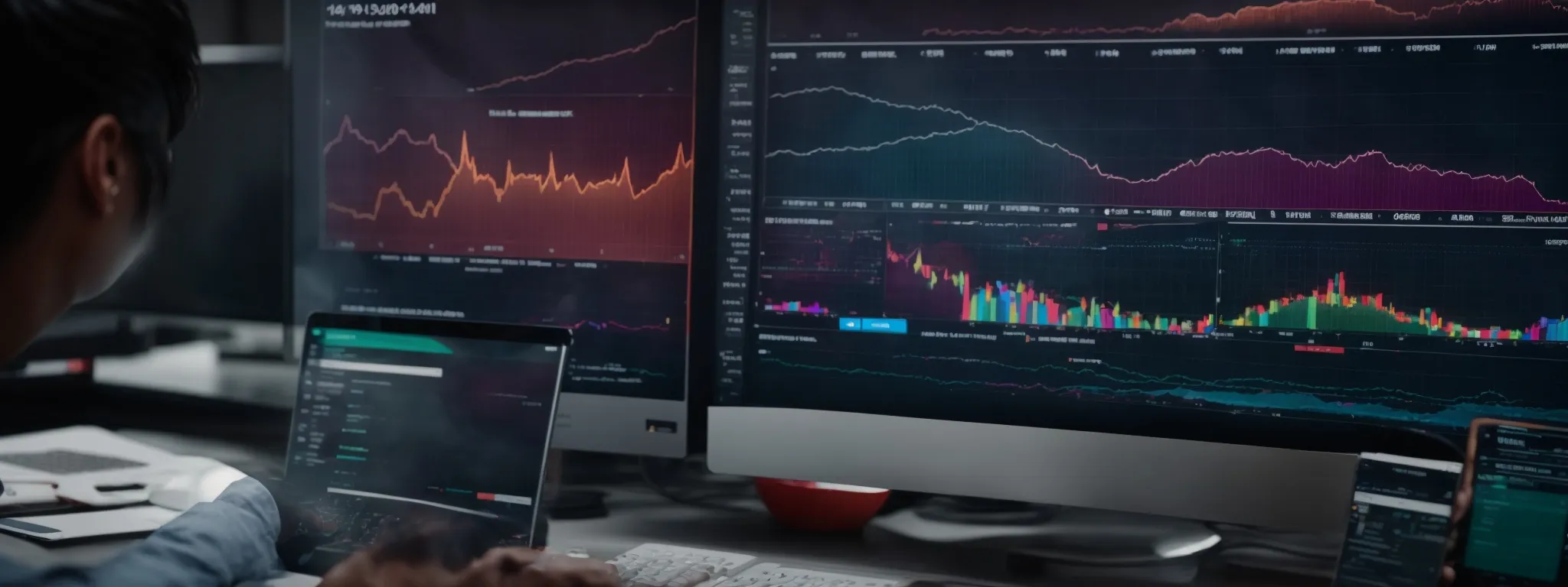 a digital marketer analyzes traffic reports on a sleek computer interface displaying colorful analytics graphs.