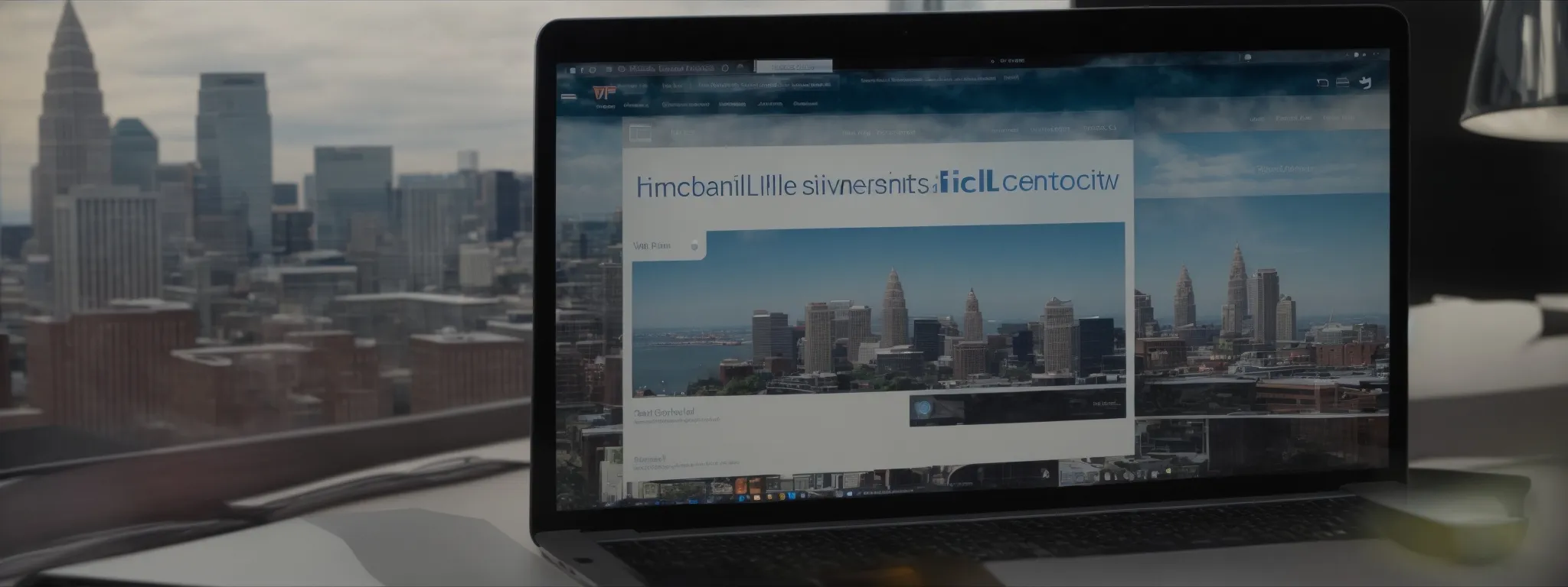 a laptop with a magnifying glass on the screen showcasing webpage links, situated on a desk with a view of the cleveland skyline in the background.