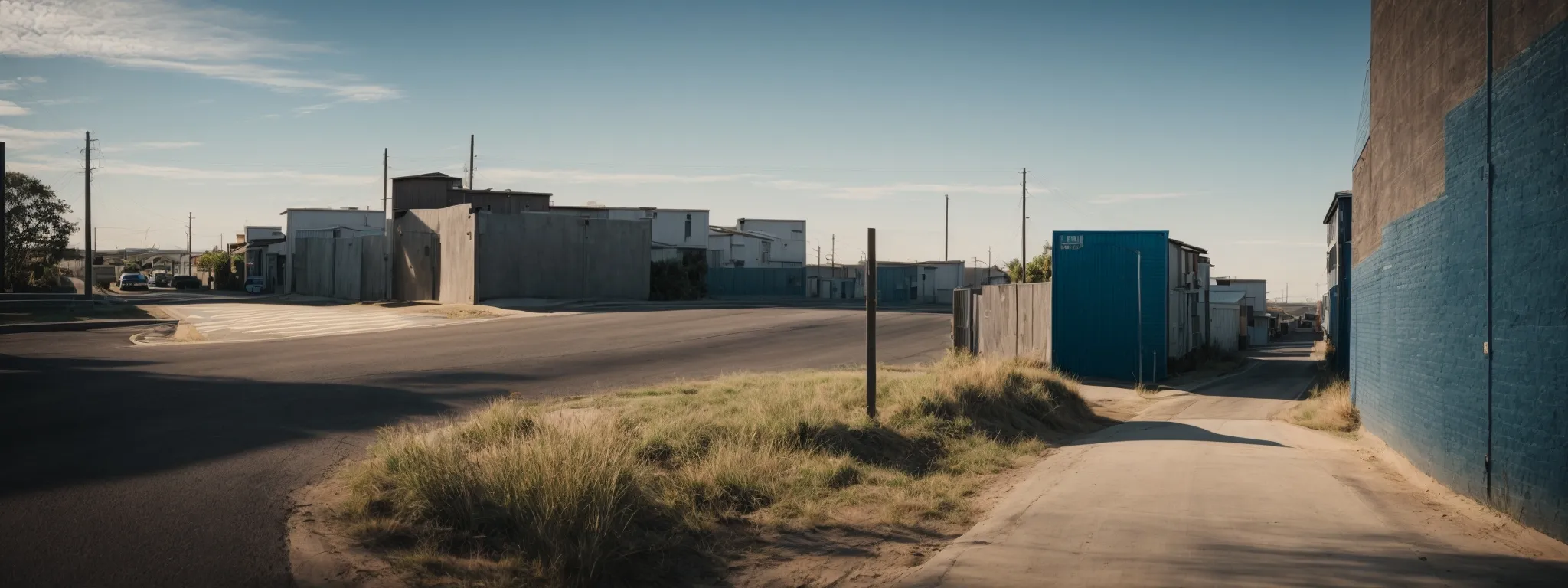 a straight pathway diverging from a shadowed alley, leading towards a sunlit horizon where cityscape meets clear blue skies.