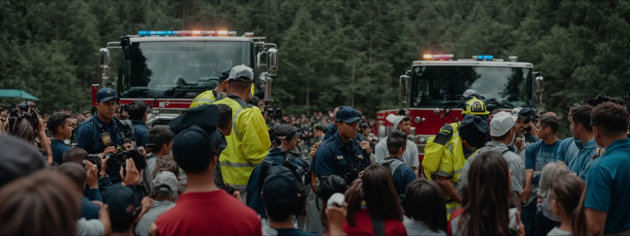 a firefighter giving a safety demonstration to a group of attentive people while someone records it for a social media post.
