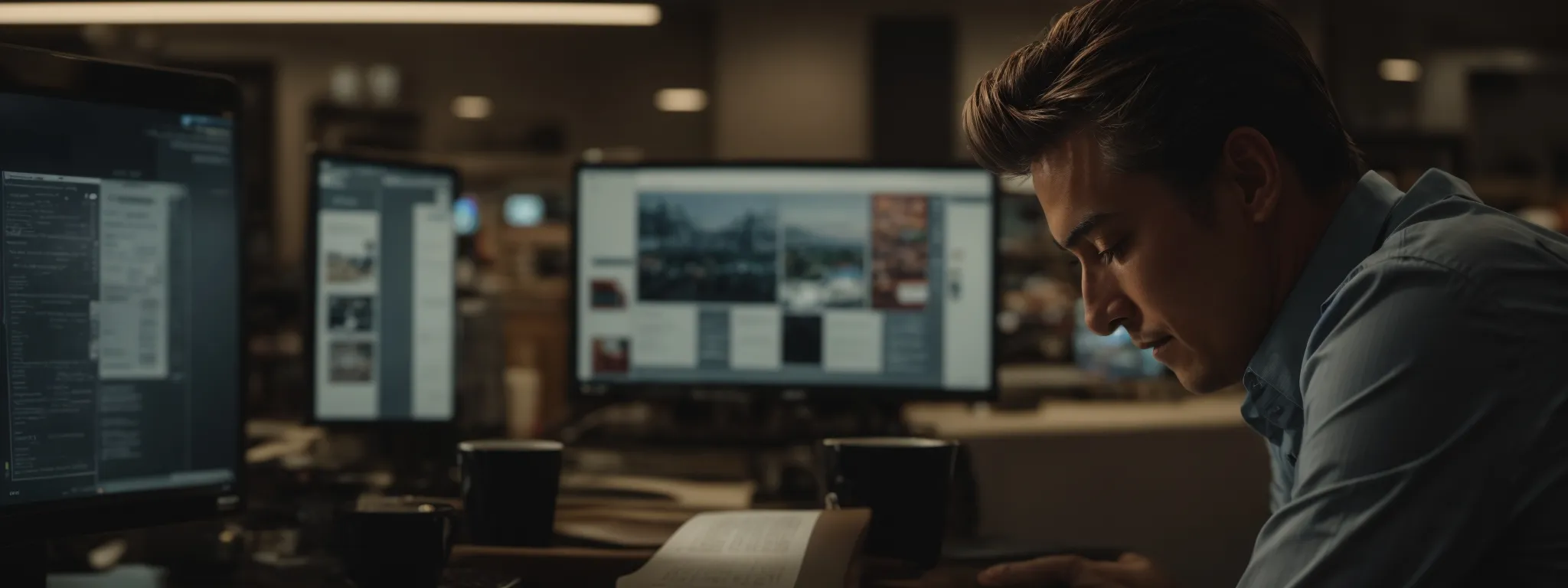 a business owner thoughtfully reading a customer review on a computer with an expression of optimism and determination.