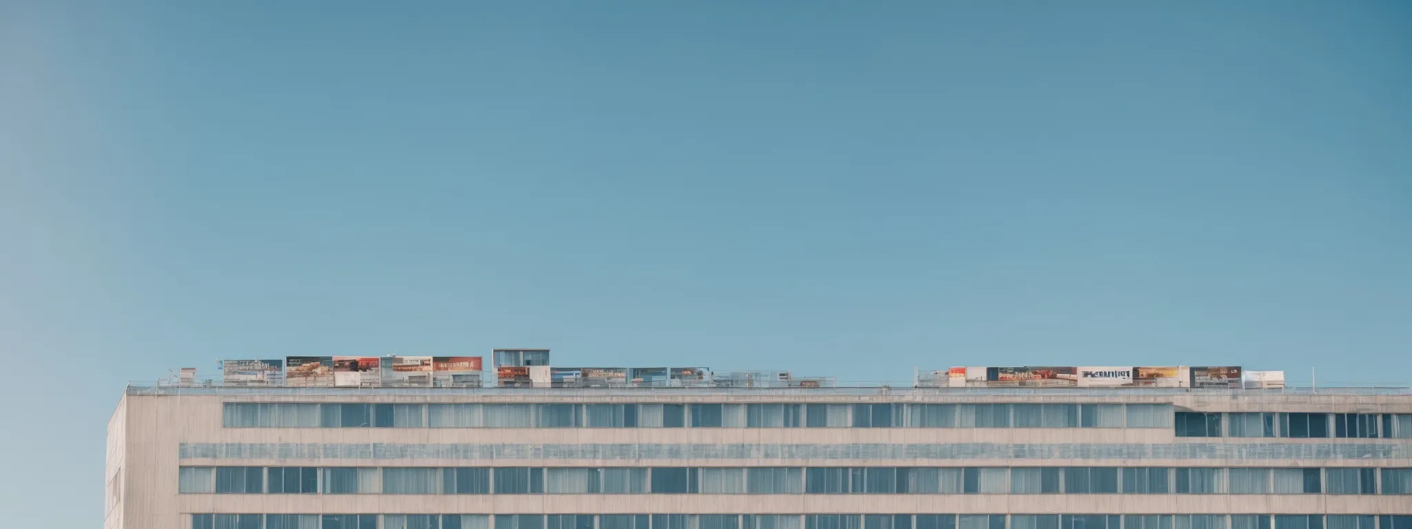 a row of billboards atop a building against a clear blue sky.