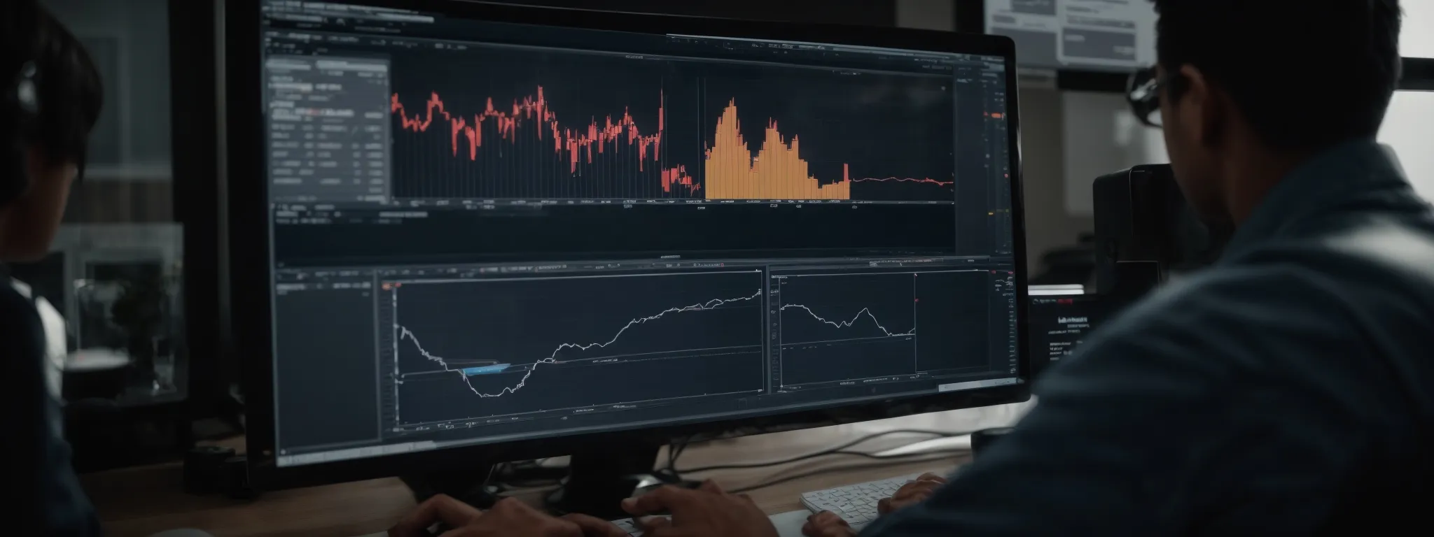a focused individual analyzes charts and graphs on a computer screen, strategizing on digital marketing.