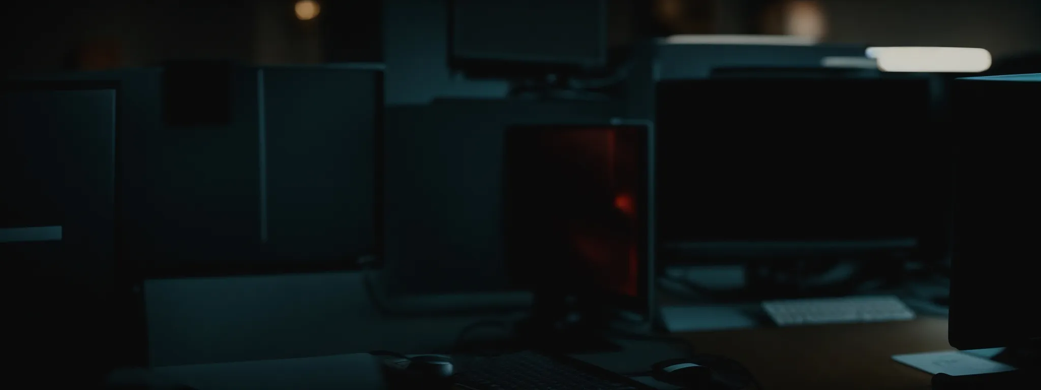 A dimly lit room with several computer monitors and keyboards on desks, most screens turned off or dark.