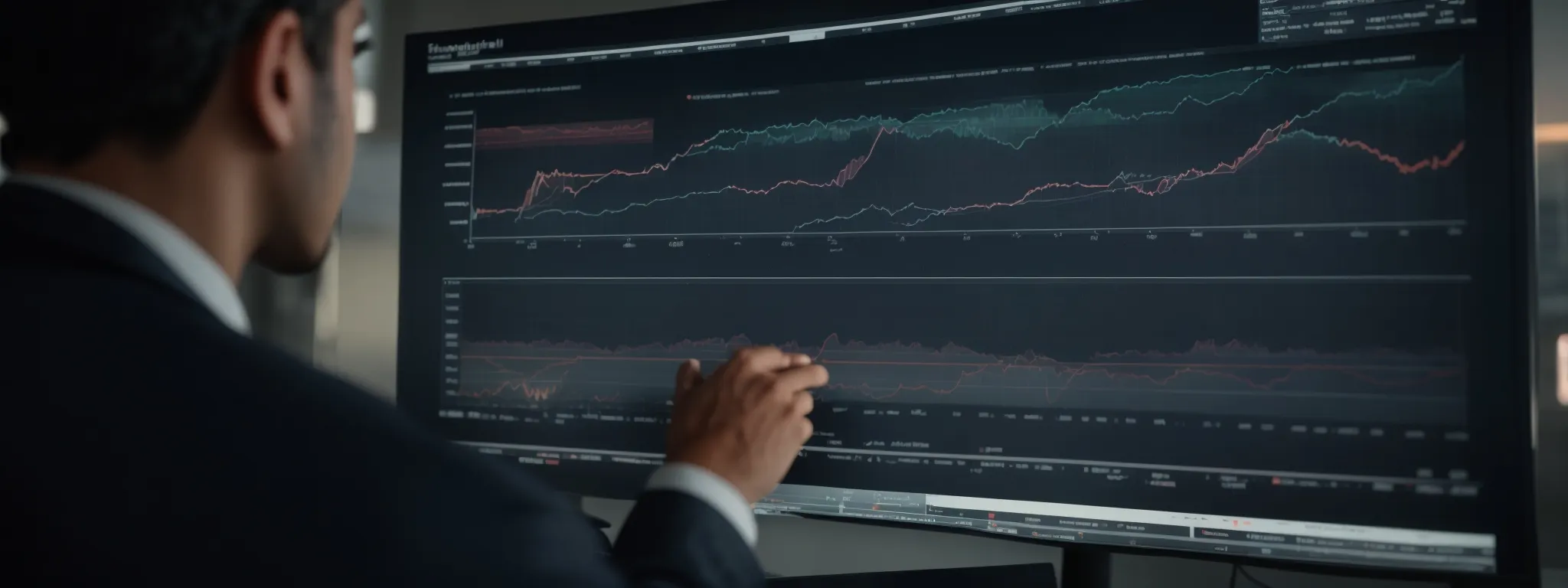 a marketing professional analyzing graphs on a large screen, reflecting on audience engagement data.