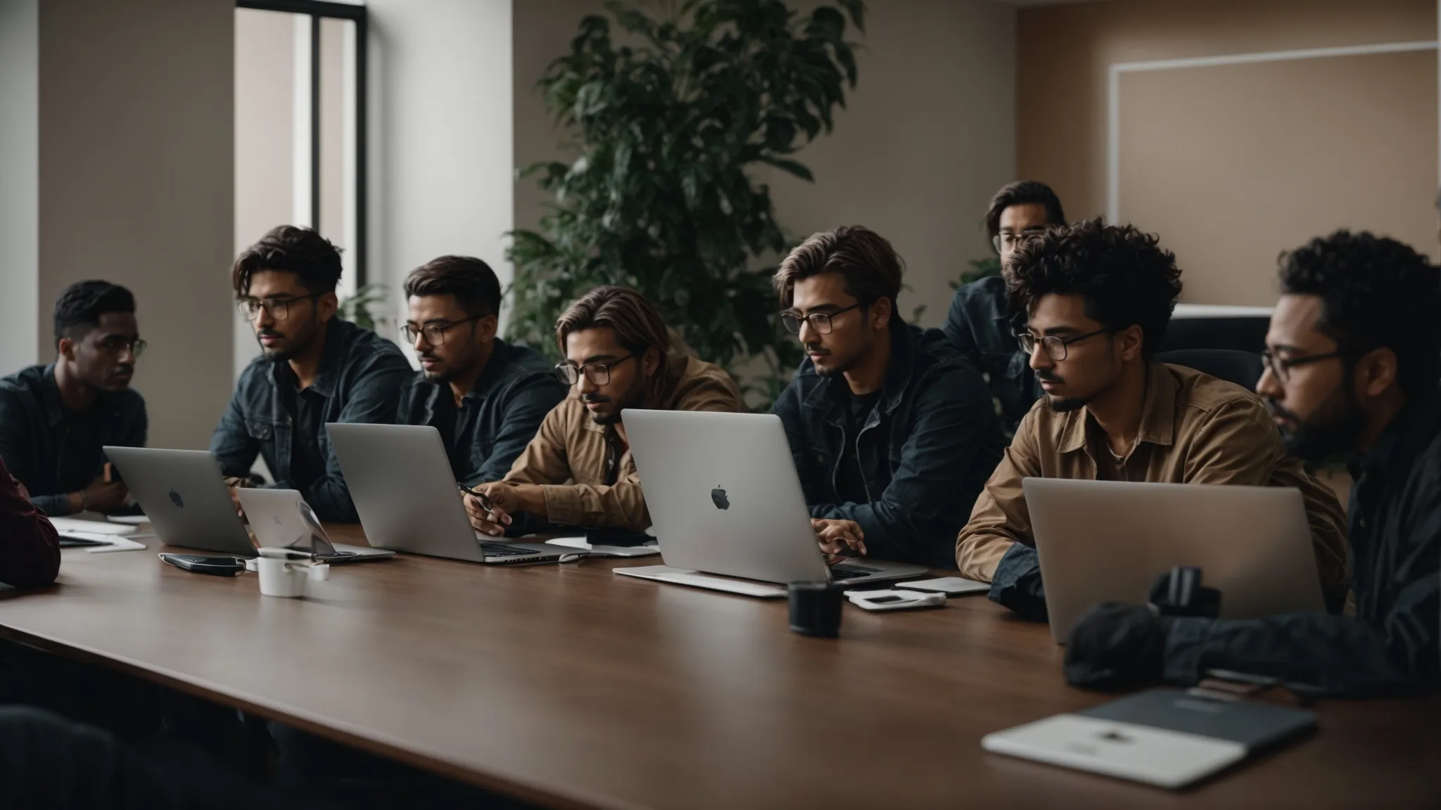 a group of web developers congregating a roundtable discussion with open laptops, focusing on ethical seo strategies.