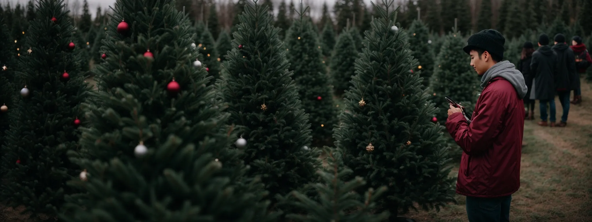 an influencer decorates a christmas tree in an idyllic tree farm setting, capturing the moment for social media.