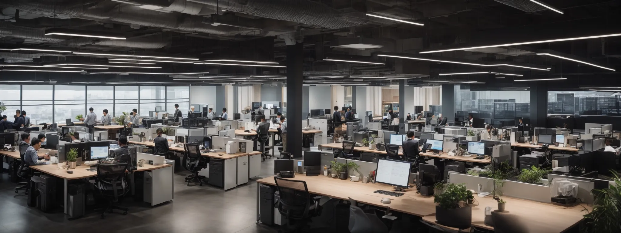 a bustling open-plan office with teams collaborating around high-tech workstations, symbolizing proactive customer acquisition strategies and growth initiatives.