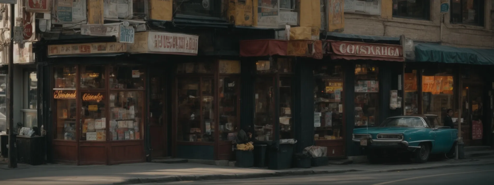a bustling street corner view highlighting diverse storefronts and signage without any discernible brand names.
