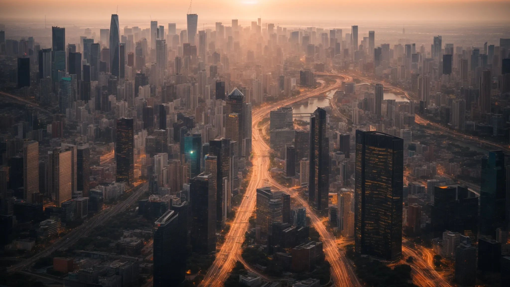 a panoramic view of a modern city skyline at sunrise, symbolizing the burgeoning opportunities and challenges in the ever-changing seo terrain.