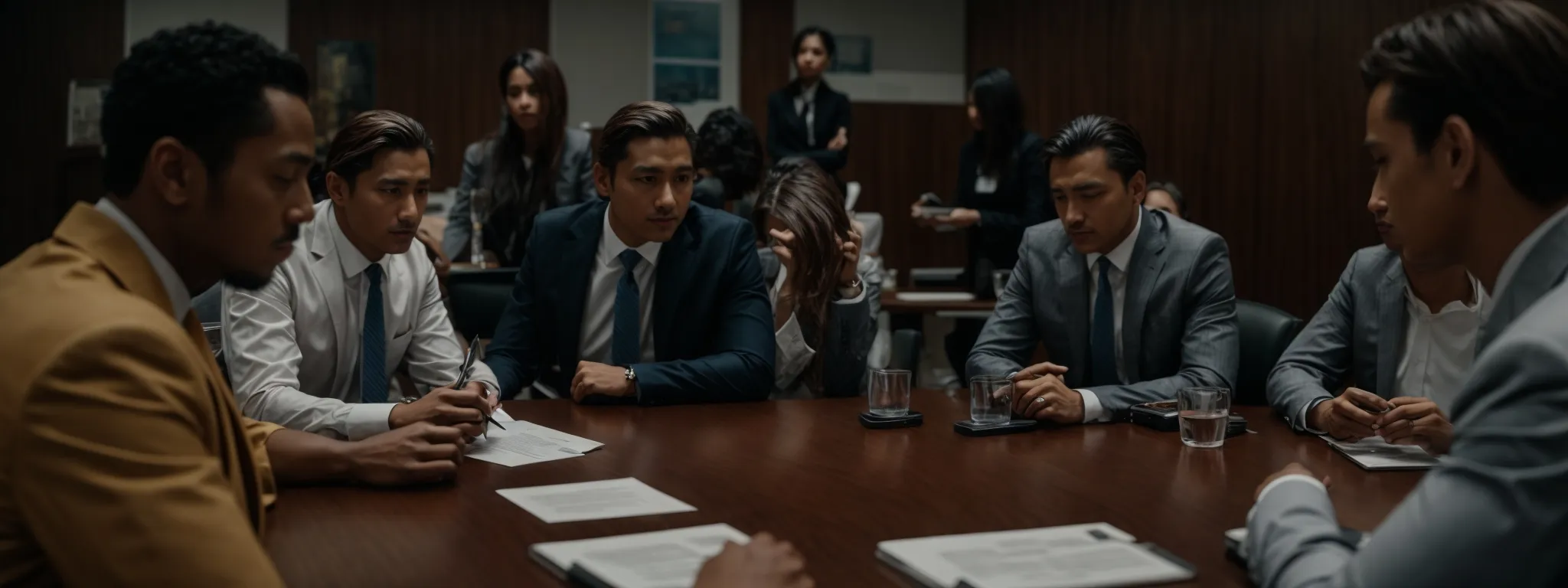 a group of professionals around a conference table, engaging in a strategy meeting under the guidance of a central figure.