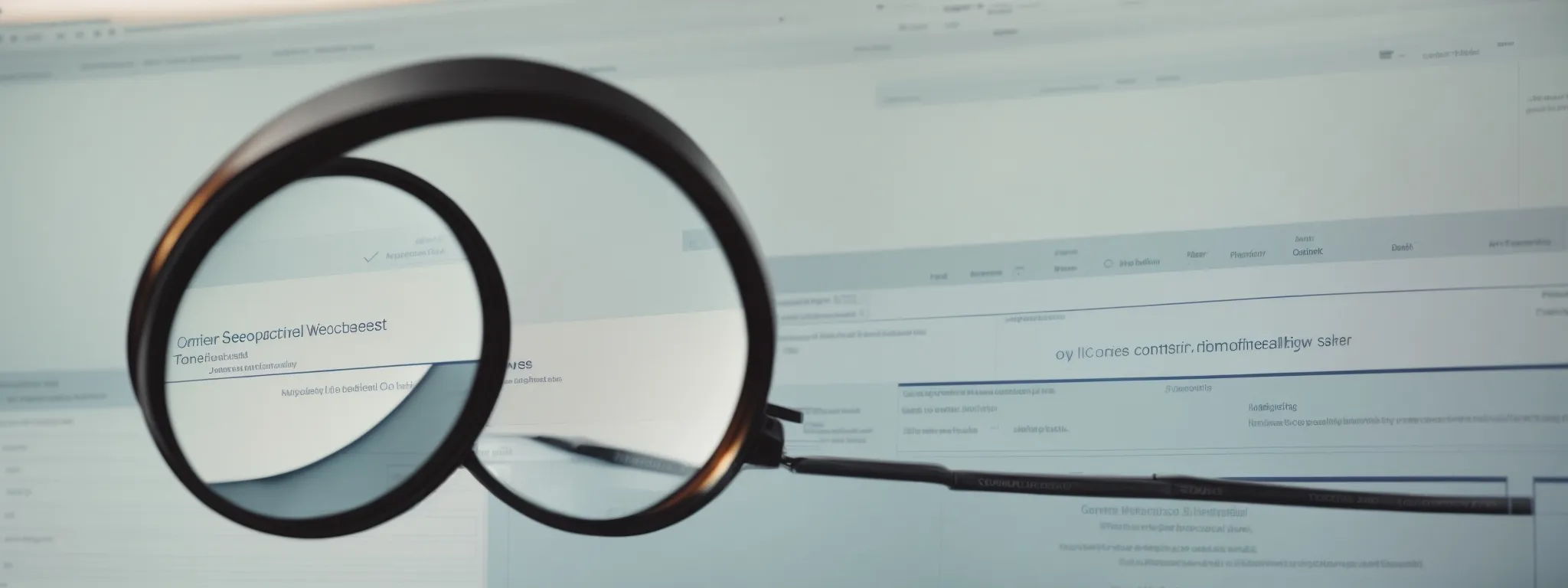 a computer screen displaying a search bar with a magnifying glass beside a content-filled website and a graph indicating seo progress.