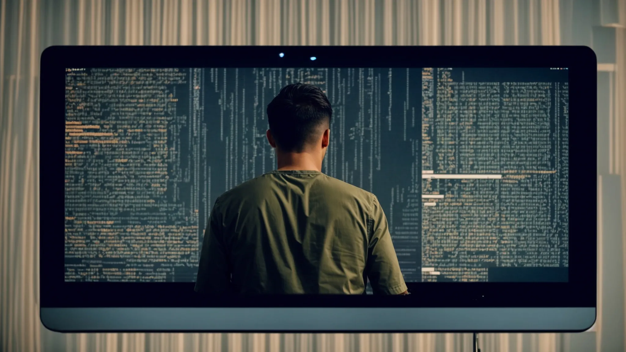 a web developer sits in front of a computer with lines of javascript code on the screen, optimizing a website for better search engine rankings.