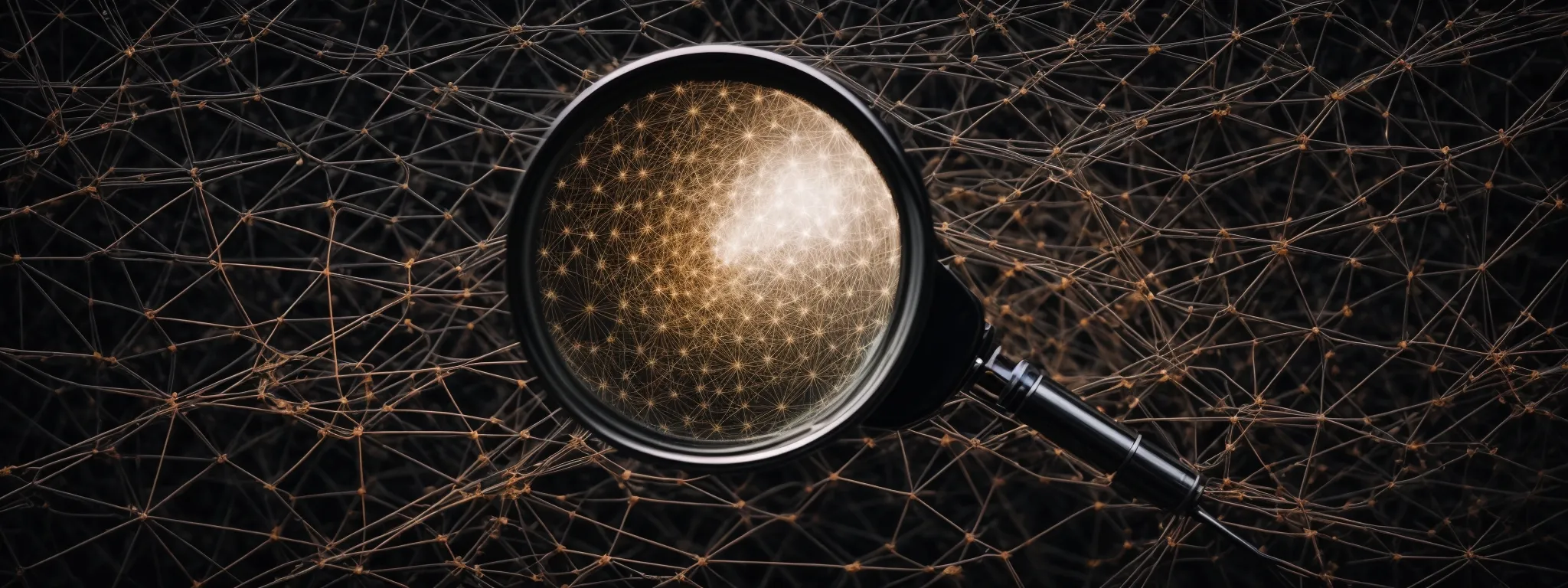 a magnifying glass hovering over a network of interconnected nodes representing websites linking to a central, authoritative domain.