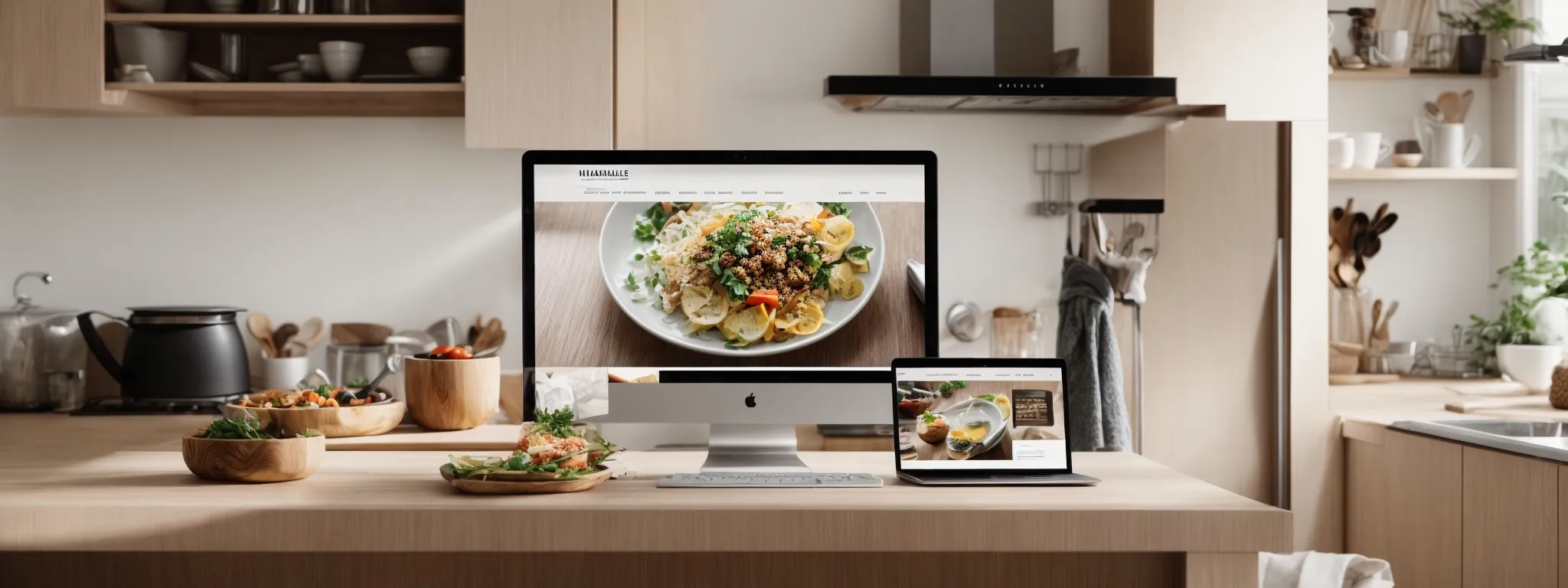 a computer screen displaying a sleek website with an article about countertop materials and high-quality images of kitchen interiors.