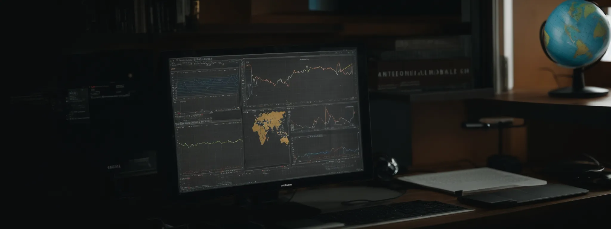 a globe and computer with graphs symbolizing global seo management.