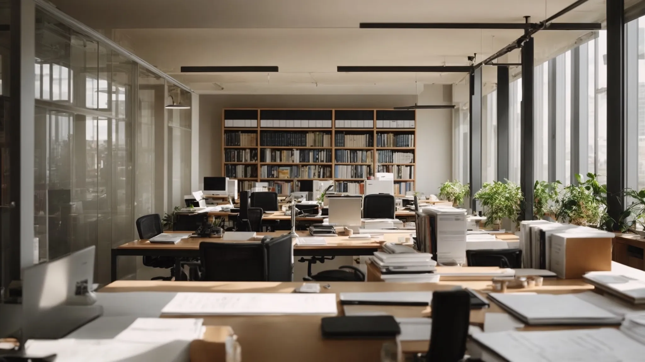 a well-organized office space with a clear, structured desk layout and an open book displaying clean, spaced-out paragraphs. 