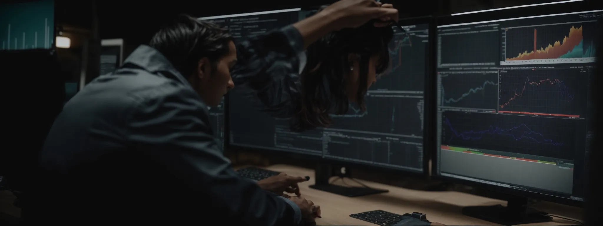 A person at a desk with multiple monitors displaying graphs and charts, while holding a wig or artificial head above the computer.