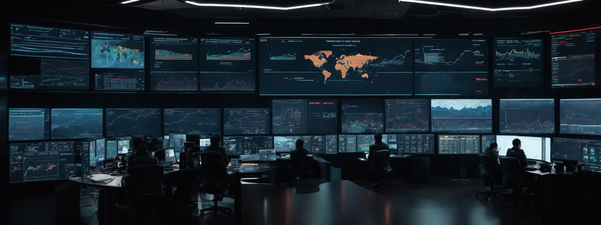 a futuristic command center with large interactive screens displaying graphs and data analytics.