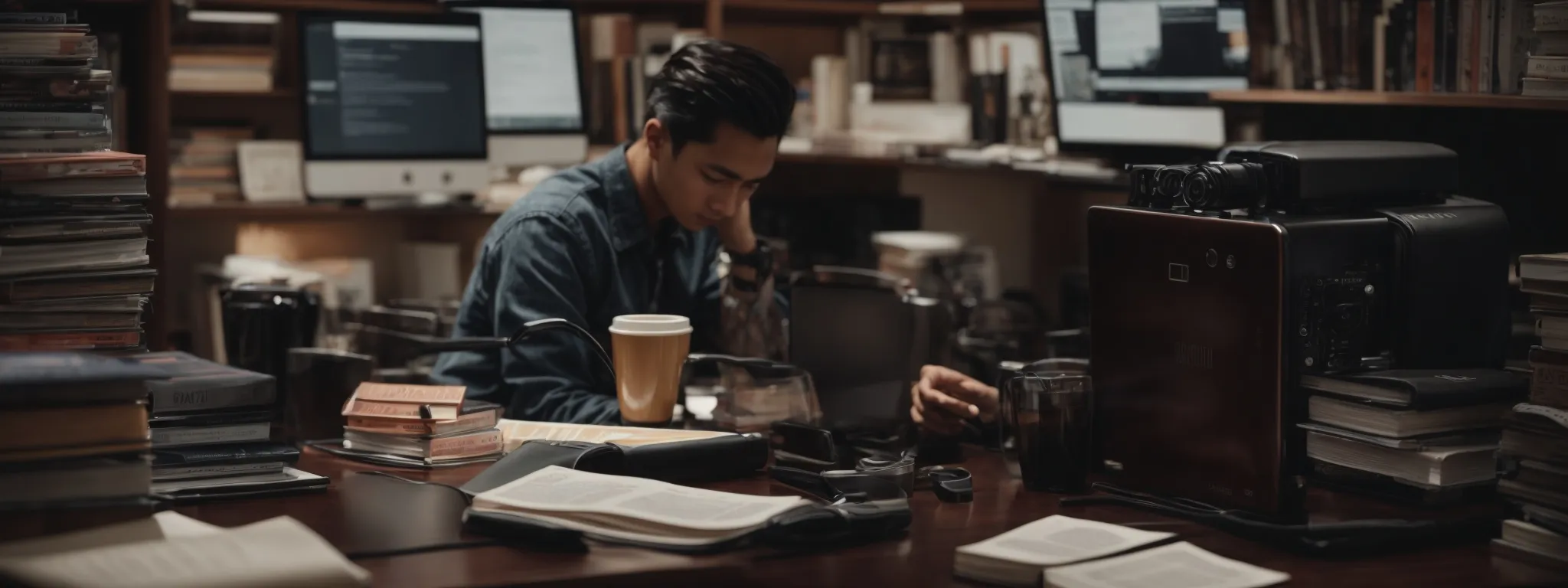 a person sits before a computer, surrounded by marketing books, diligently studying content marketing strategies.