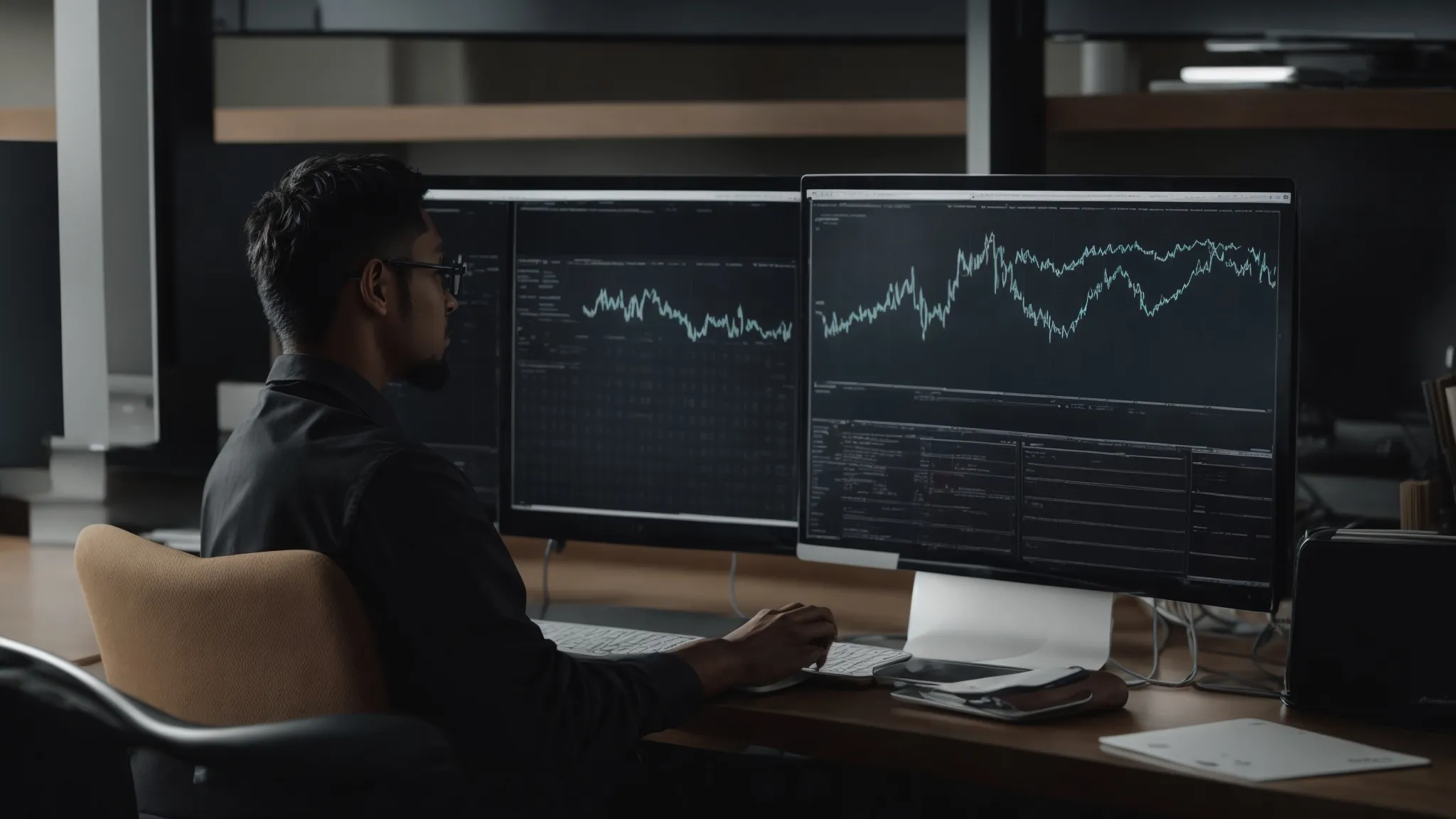 a person sitting in a well-organized office, browsing through a complex chart on a computer screen.