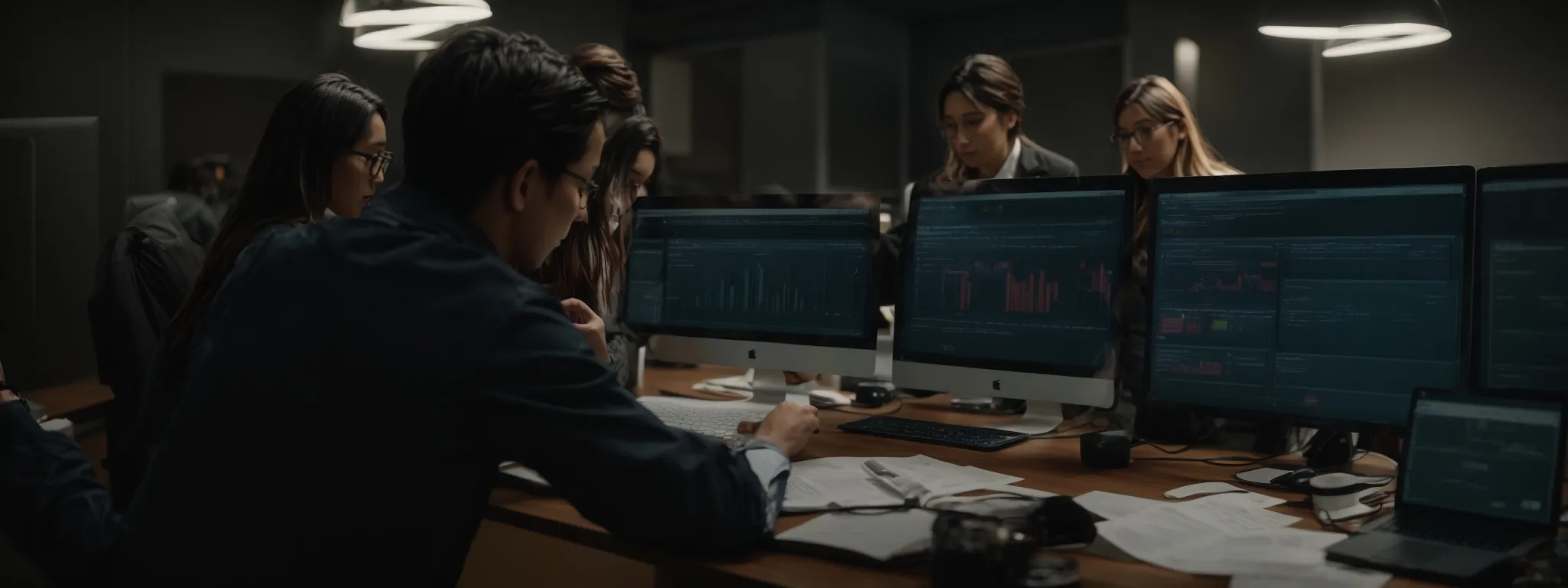 a marketing team analyzes a webpage on a computer screen while discussing optimization strategies.