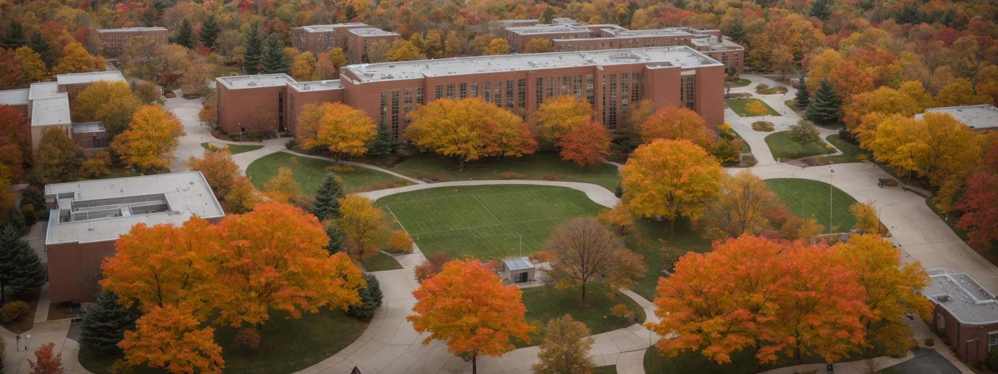 an overhead shot of a modern connecticut university campus drenched in fall colors.