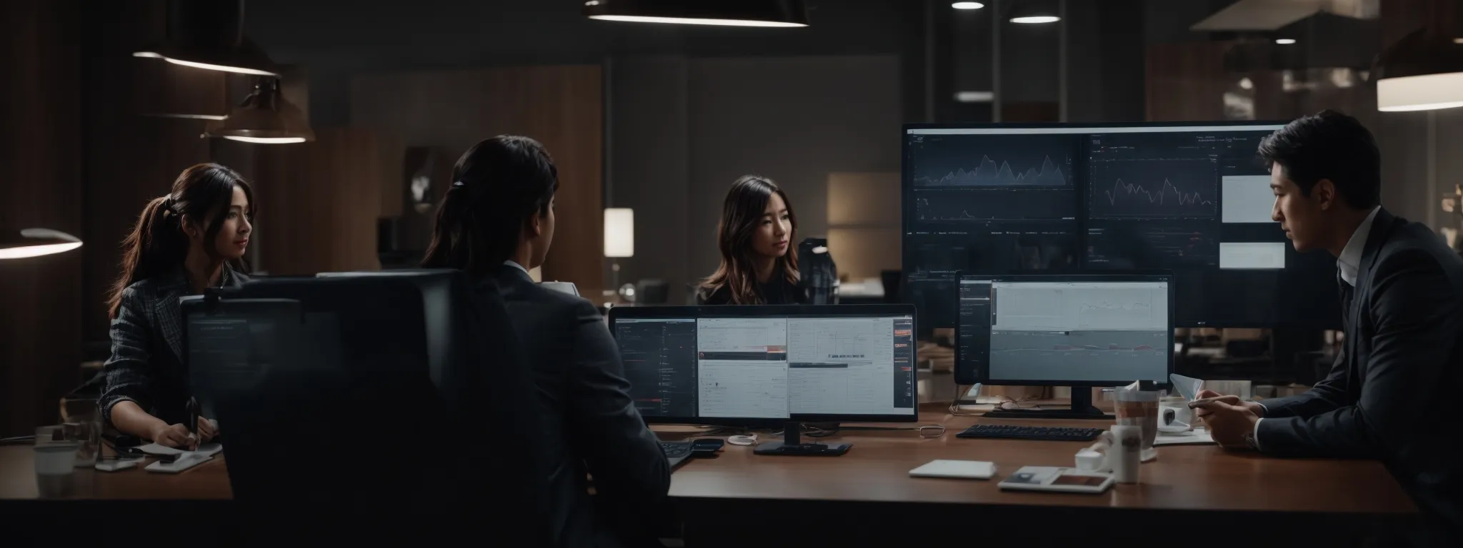 a professional team strategically brainstorming around a digital interface with analytics and marketing data.