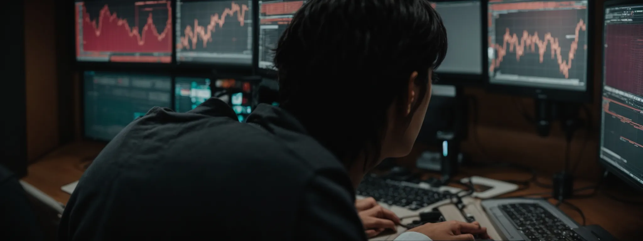 a person sitting at a computer analyzing a graph of website traffic trends.